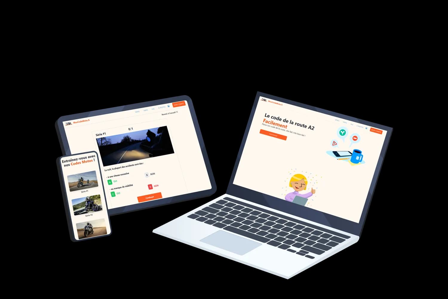 Exemples de visuels de MonCodeMoto.fr sur téléphone, PC et tablette
